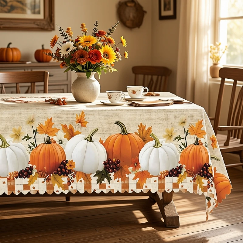 Vespri Pumpkin Vintage Tablecloth - Autumn Harvest Washable Round Rectangle Ellipse - Pumpkin Leaf, Berry, Flower Print, kdj