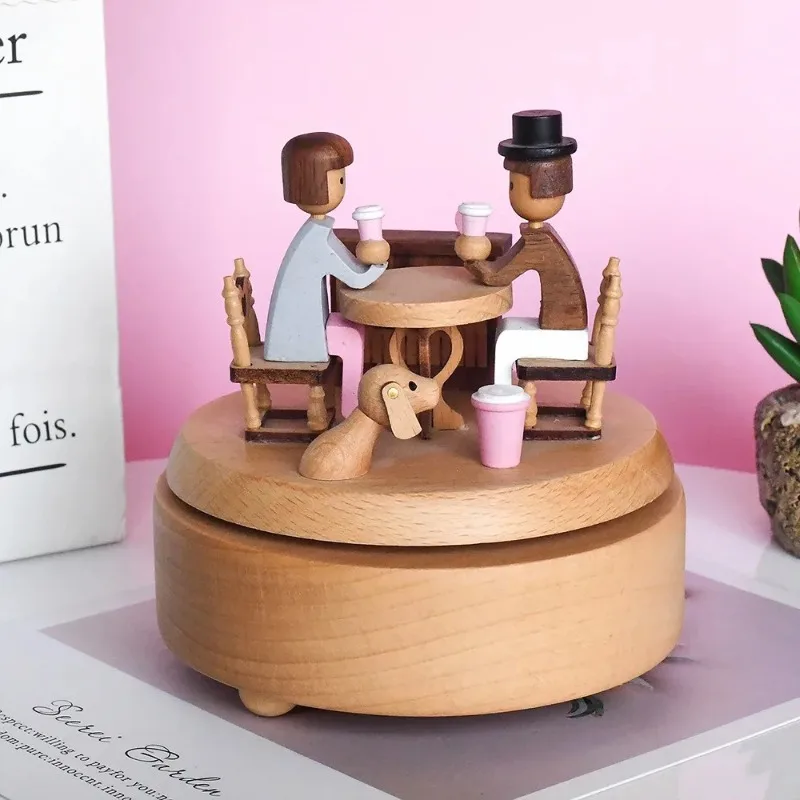 Rotate Rabbit Music Box Wooden Handicraft Home Decor Ornaments Birthday Gift Wedding Graduation Ceremony Souvenir