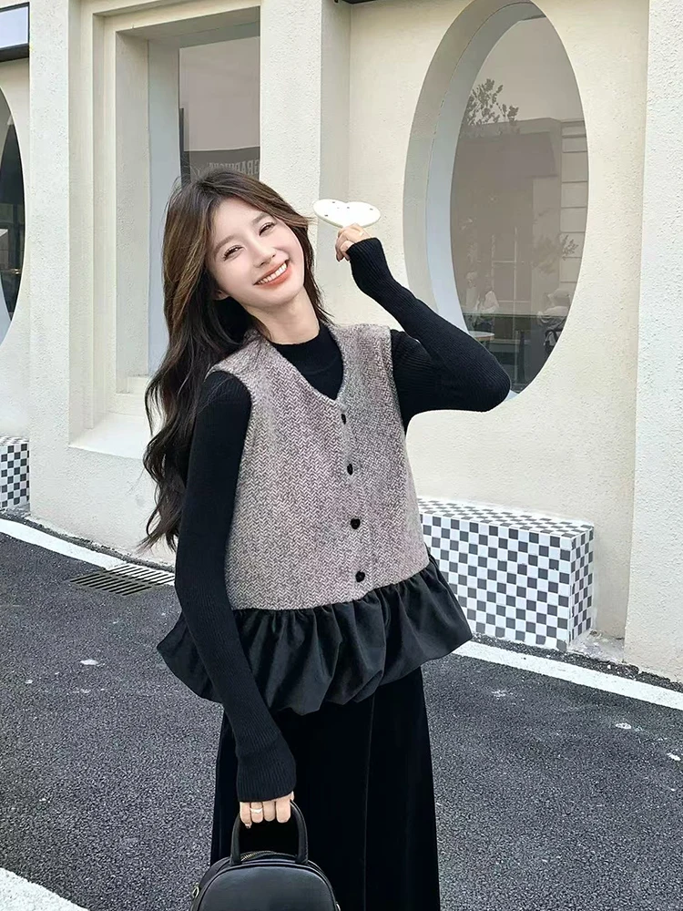 Harajuku Patchwork Vest for Women Y2K Spring New Sleeveless O Neck Coats Korean Loose Single Breasted Casual Jacket Mujer