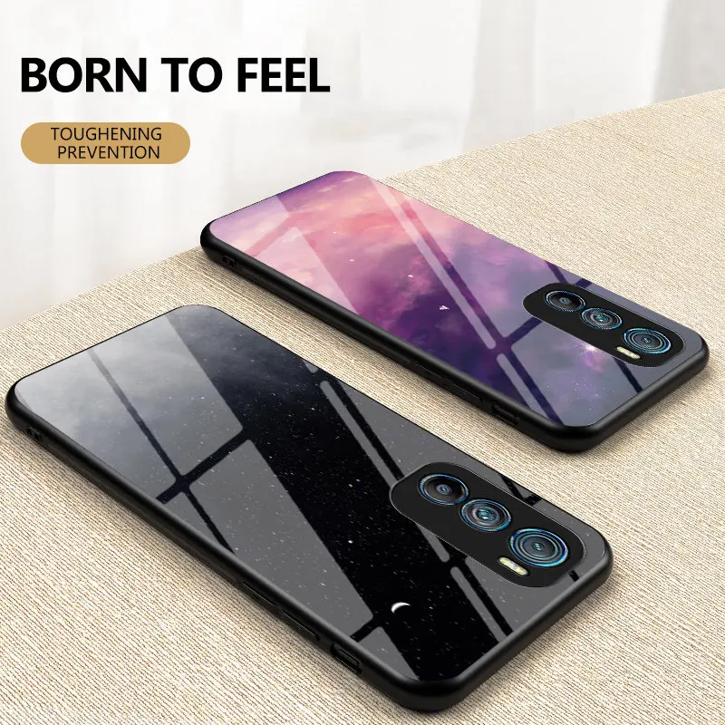 Para Motorola Edge 30 XT2203 funda de silicona de grano estrellado TPU parachoques de vidrio templado funda trasera dura de teléfono para Moto Edge 30 5G