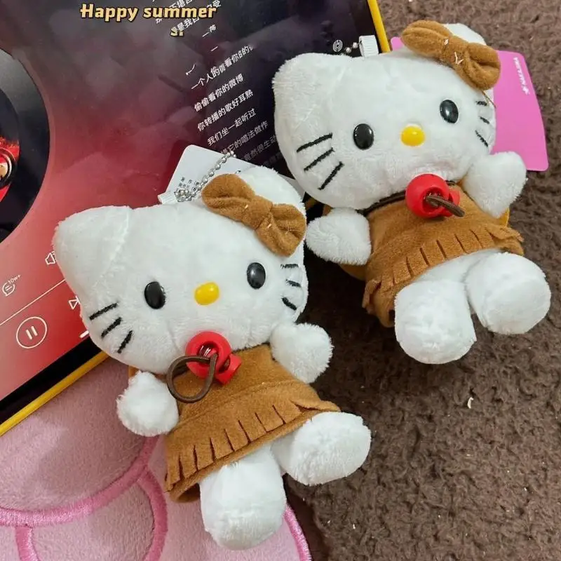 Kawaii 헬로 키티 서양 카우보이 블랙 가죽 플러시 키 체인 귀여운 만화 가방 매력 배낭 장식 패션 액세서리 소녀 선물