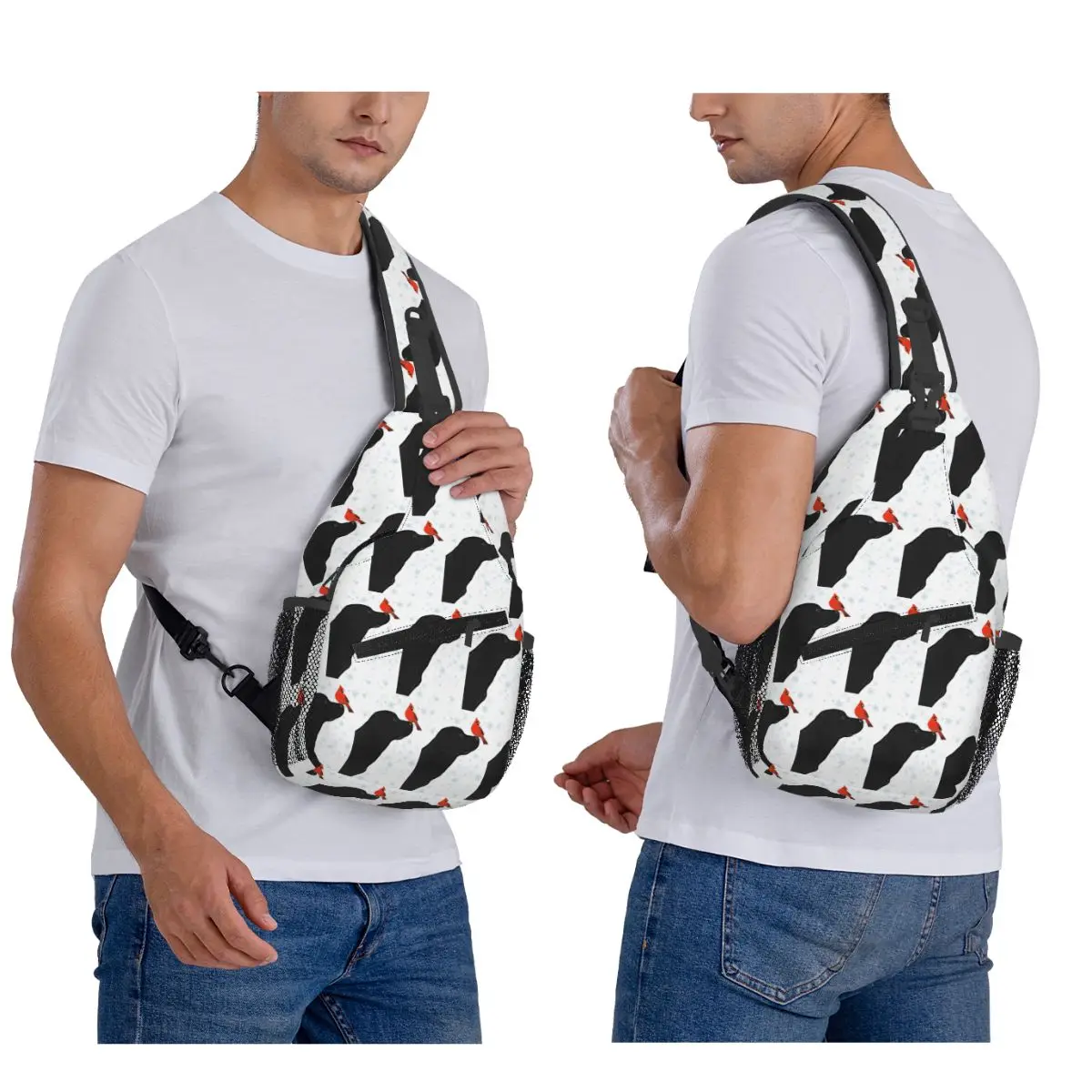 Black Labrador Christmas And Cardinal Bird Chest Bag Men Sling Crossbody Backpack Chest Bag Travel Hiking Daypack Shoulder Bag