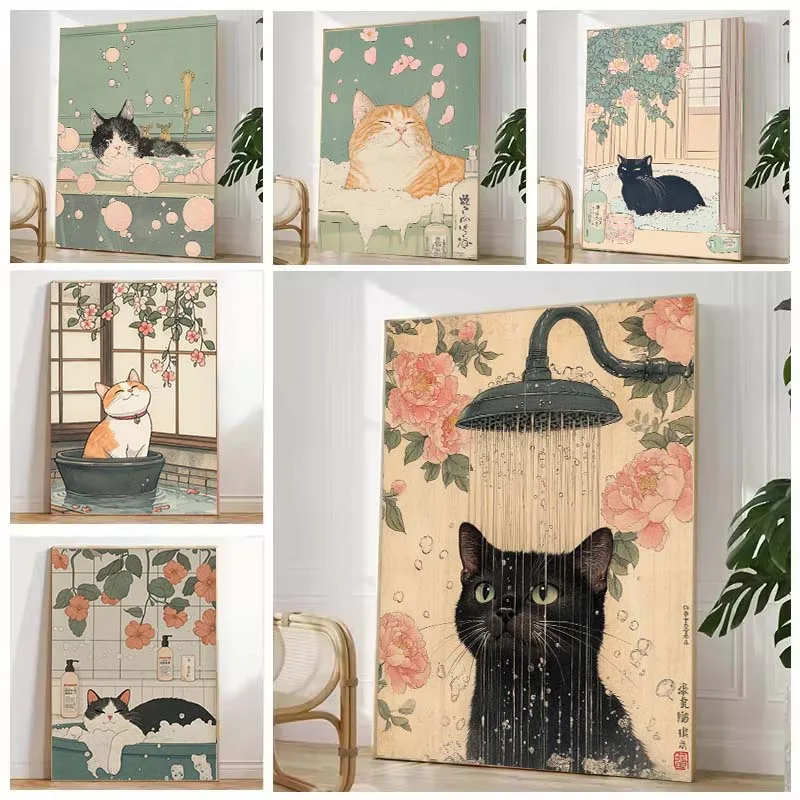 Japanese Bathtub Lazy Cat Bathing Art Poster Retro Aesthetics Canvas Print Mural Bathroom Living Room Bedroom Decoration Gift