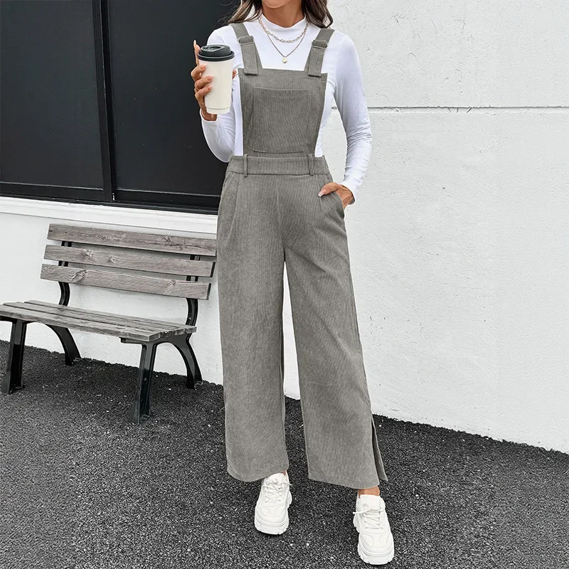 

Autumn New Solid Color Simple Basic Corduroy Suspender Pants Adjustable Jumpsuit for Women