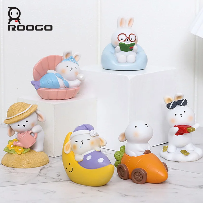 

ROOGO New Creative Cartoon Rabbit Resin Sculpture Home Decor Kawaii Desktop Accessories Mini Figurines for Cake Topper Birthday