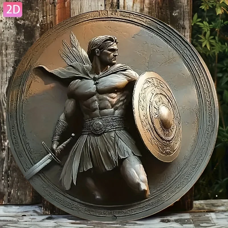 Arte de Pared Redondo de Aluminio con Soldado Griego Antiguo en 2D, Placa Decorativa Vintage de Alta Definición para Patio
