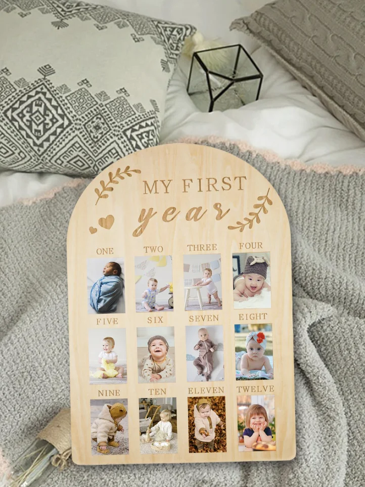 1 Pcs Baby Picture Frame, My First Year Baby Milestone Board Wood Photo Display Personalized 12 Months Newborn Photo Frame for B