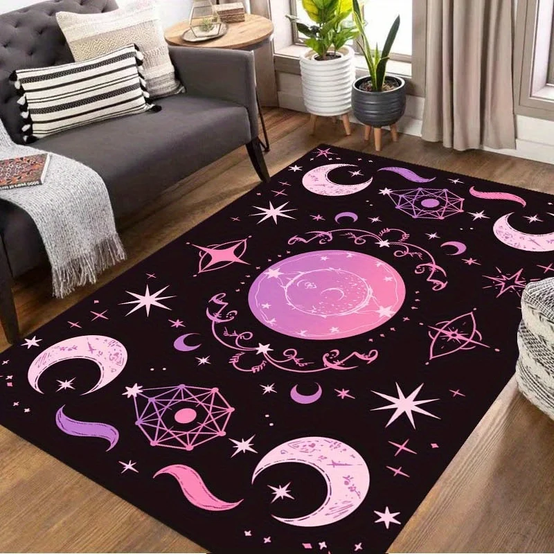 Newest Big Carpet Pink Moon Star Witchcraft Print Area Rug Black Background Non Slip Soft Floor Mat for Bedroom Home Decor