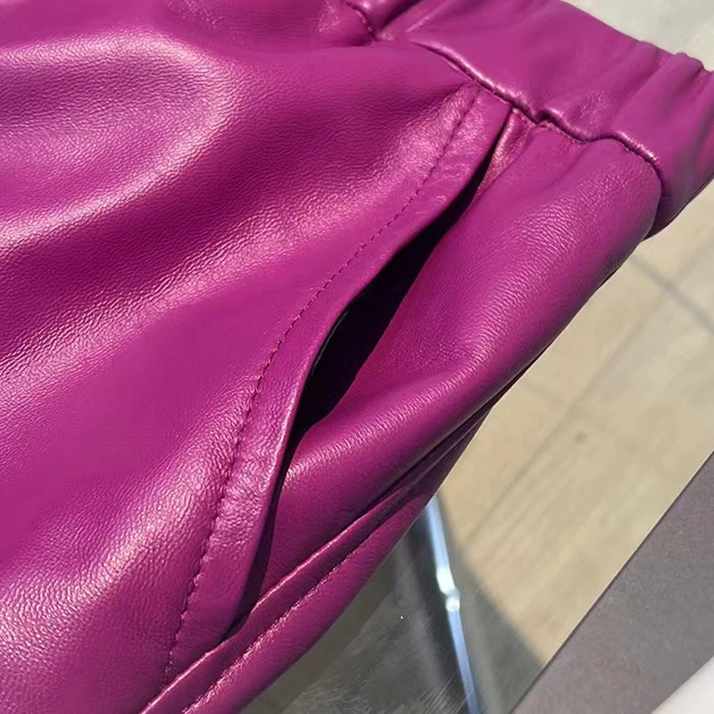 Fuchsia Leather Long Pants for Women 2024 Spring Natural Skin Elastic Waist Wide Straight Pants Casual Floor Pantalones de Mujer