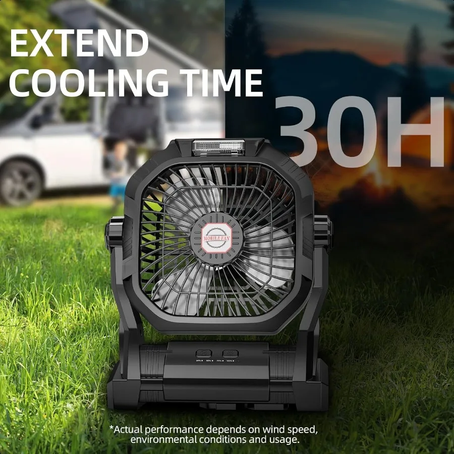 مروحة التخييم القابلة لإعادة الشحن 20000 مللي أمبير في الساعة مروحة محمولة تعمل بالبطارية مع خطاف إضاءة LED 4 سرعات 270 قابل للتعديل للتخييم