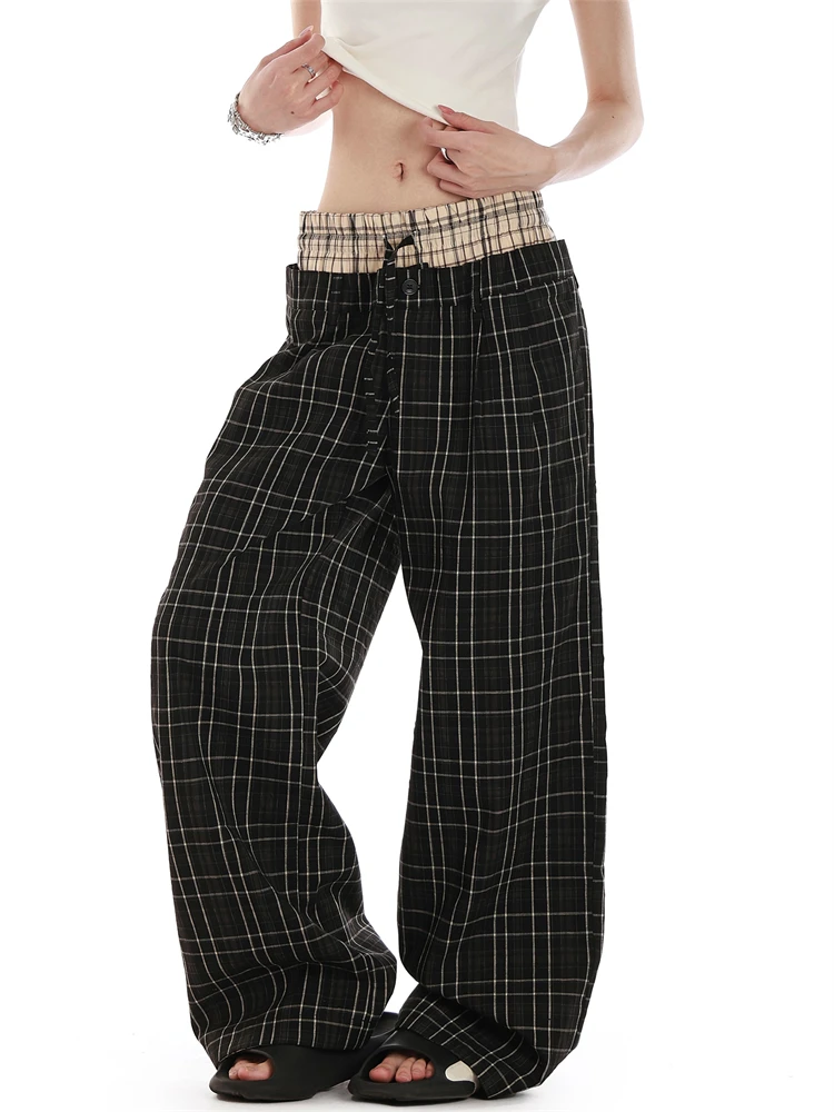 Women's Splicing Grid Wide-Leg Pants Street Girls Bottoms Hip-hop Trousers Female High Waist Black Sweatpants
