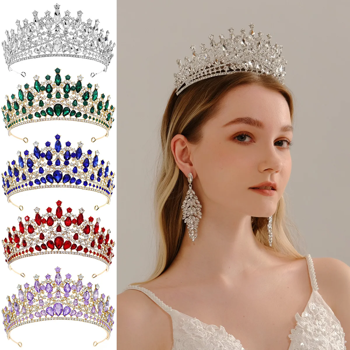 Efily Bridal  Luxury Princess Tiara Round Baroque Pageant Crowns Crystal Full Crown King TiarWedding Crown Hair Dress