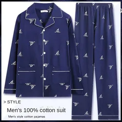 100% Cotton Pajamas Men's Long-Sleeved Lapel Men's Comfortable Set of Young and Middle-Aged Spring and Fall Homewear Large Size