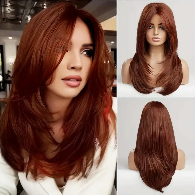 

Wine Red Synthetic Wigs Middle Long Natural Wavy Wig Layered Hair with Side Bangs for Women Daily Party Heat Resistant Fibre