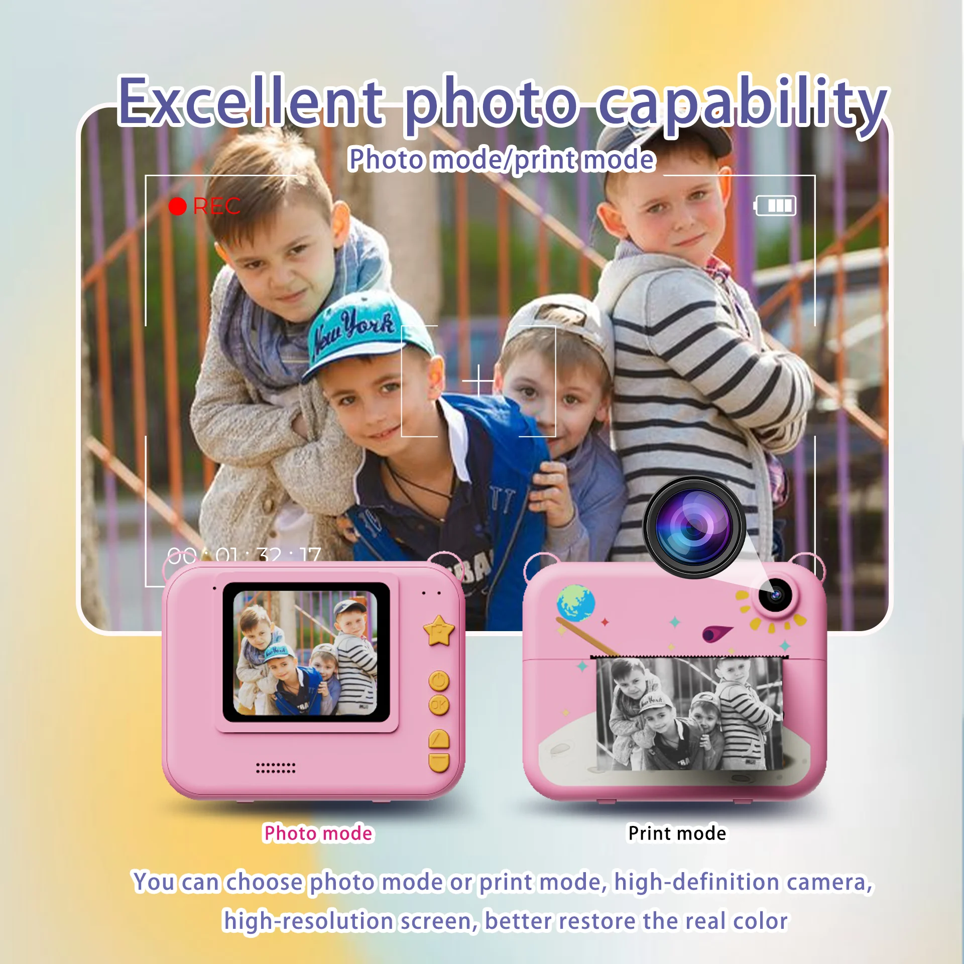 Instant Camera Printer voor kinderen Fotofotografie Hoge kwaliteit Afdrukken 1:1 Reductie Draagbaar 2,4 inch scherm met drie drukmodi