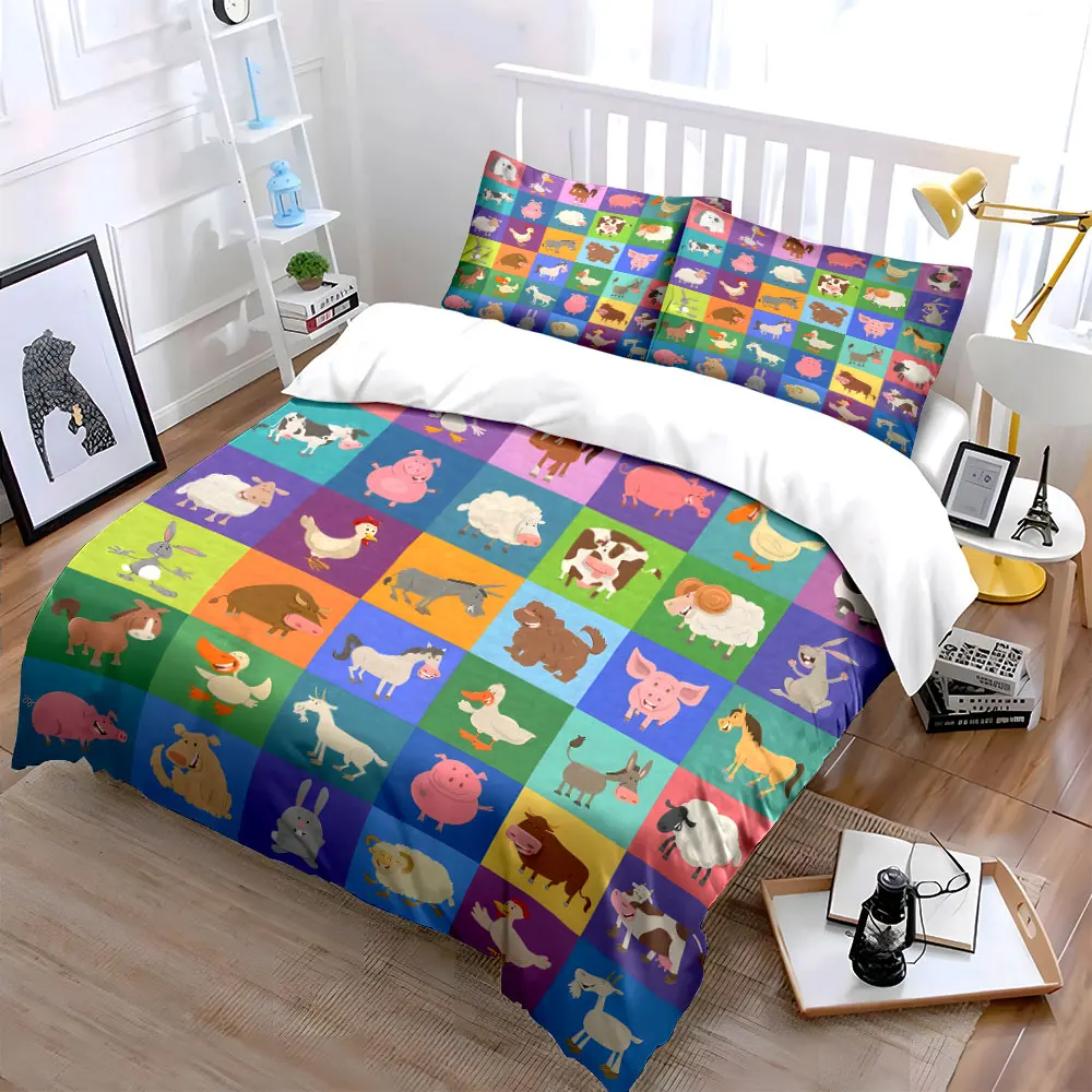 Cartoon Cute Farm Animals Collection Pattern Duvet Cover Set Digital Print Colorful Polyester Bedding with Zipper Closur