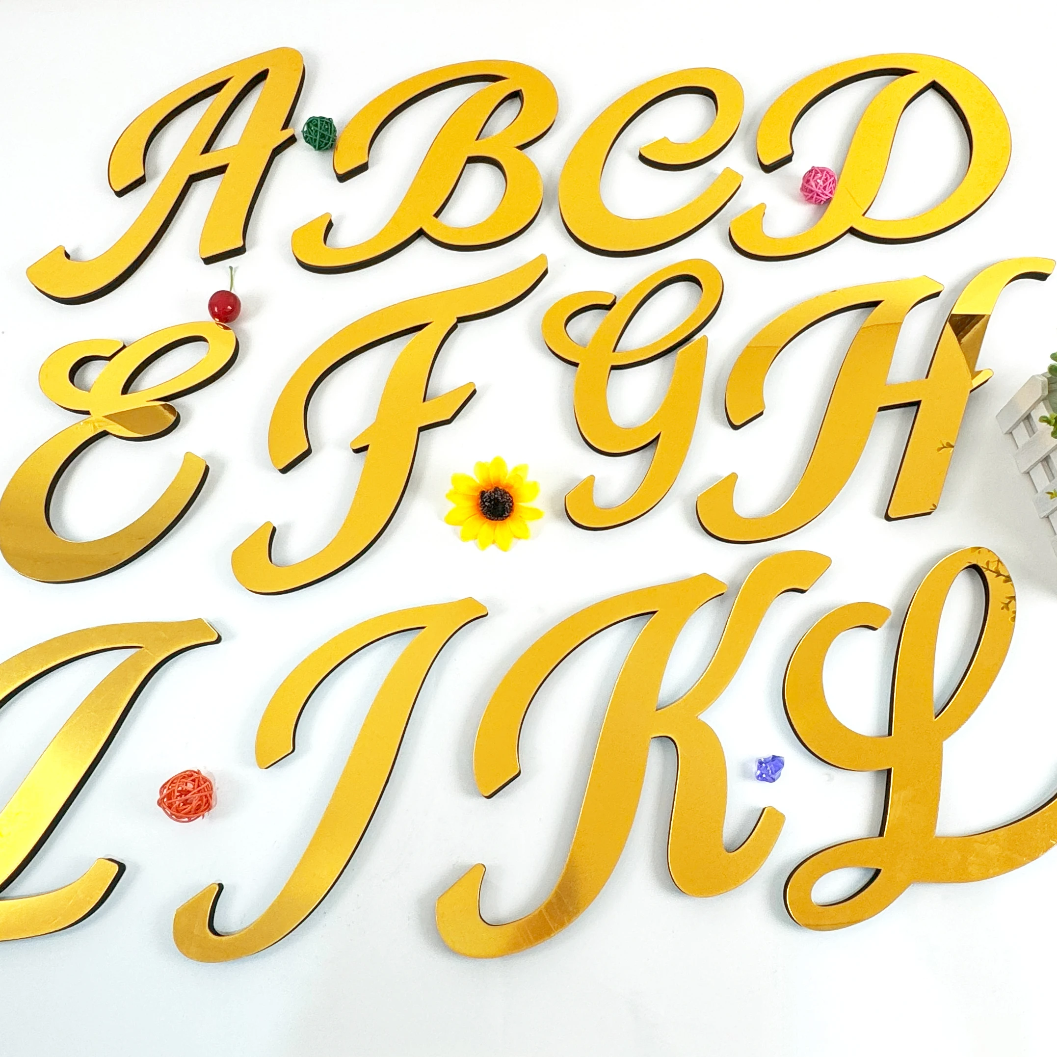 Large Size 20cm Gold 3D Acrylic Mirror Surface Artistic Font English Letters Wall Stickers Home Decor Alphabet Art Wall Decals