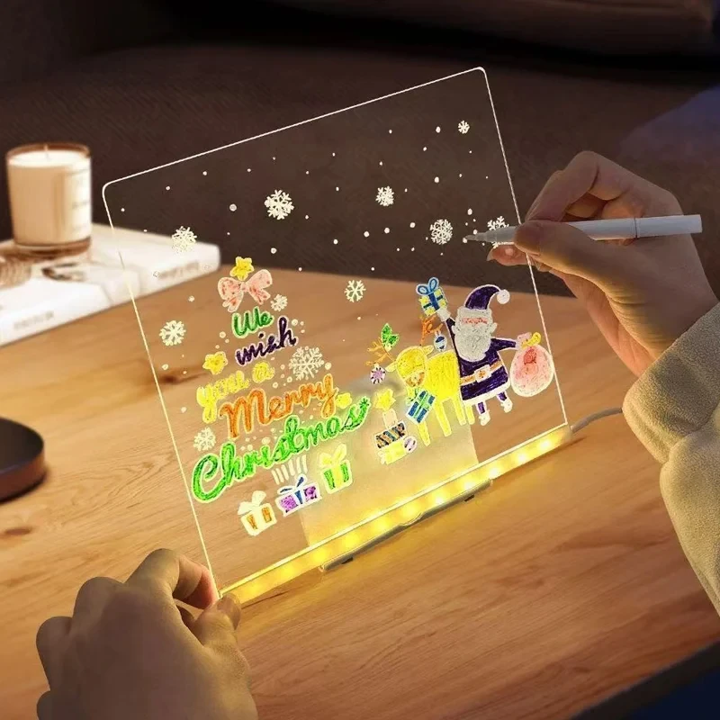 Rewritable DIY Children's Glowing Drawing Board Message Lamp With 7 Colorful Pens Light Up Acrylic Message Board
