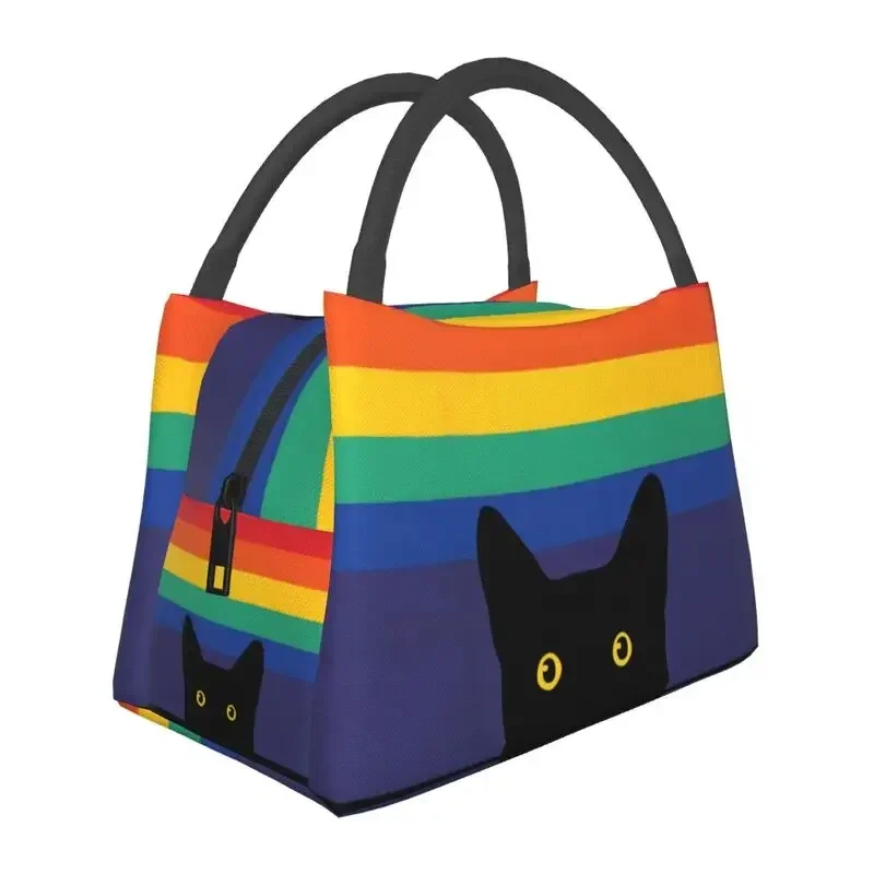 Peeking Cat In Rainbow Circle Insulated Lunch Bag for Waterproof LGBT Gay Pride Cooler Thermal Bento Box Beach Camping Travel