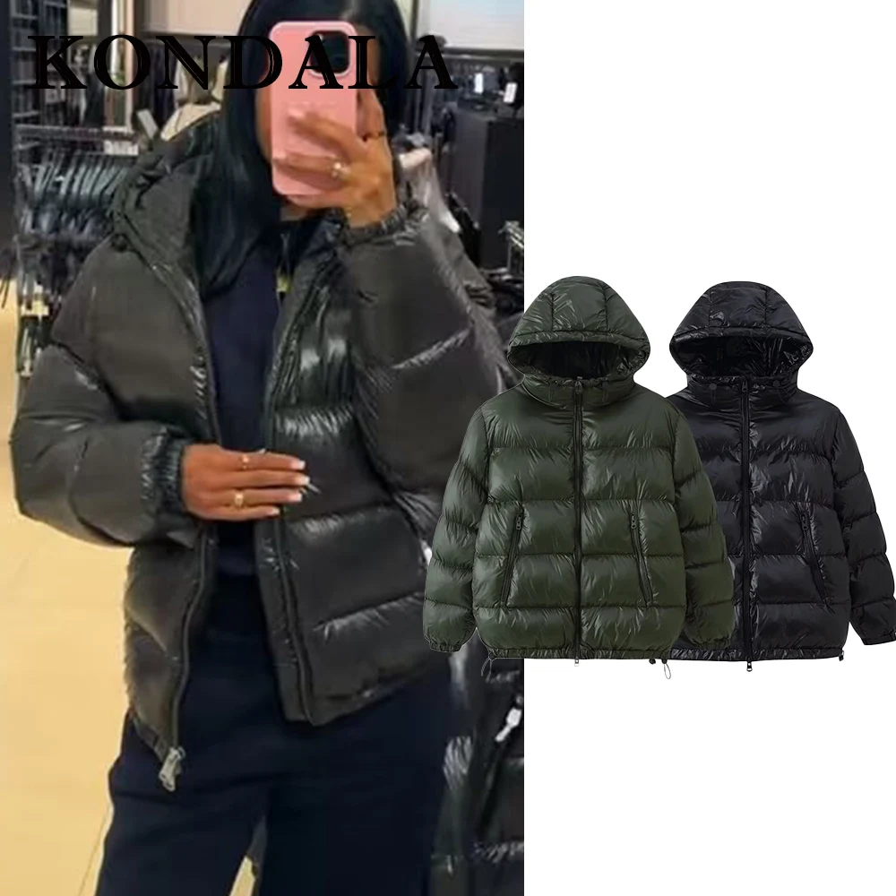 

KONDALA Chic Solid Green Cool Fashion 2025 Winter High Street Women Winter Hooded Jacket Streetwear Vintage Female Warm Outwear