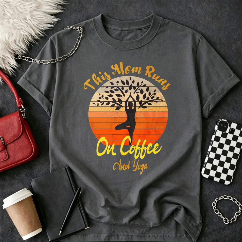 Women Cotton Crew Neck T Shirt This Mom Runs on Coffee and Yoga Retro Sunset Tree Yoga Pose Graphic Print Mother Gift Casual Tee