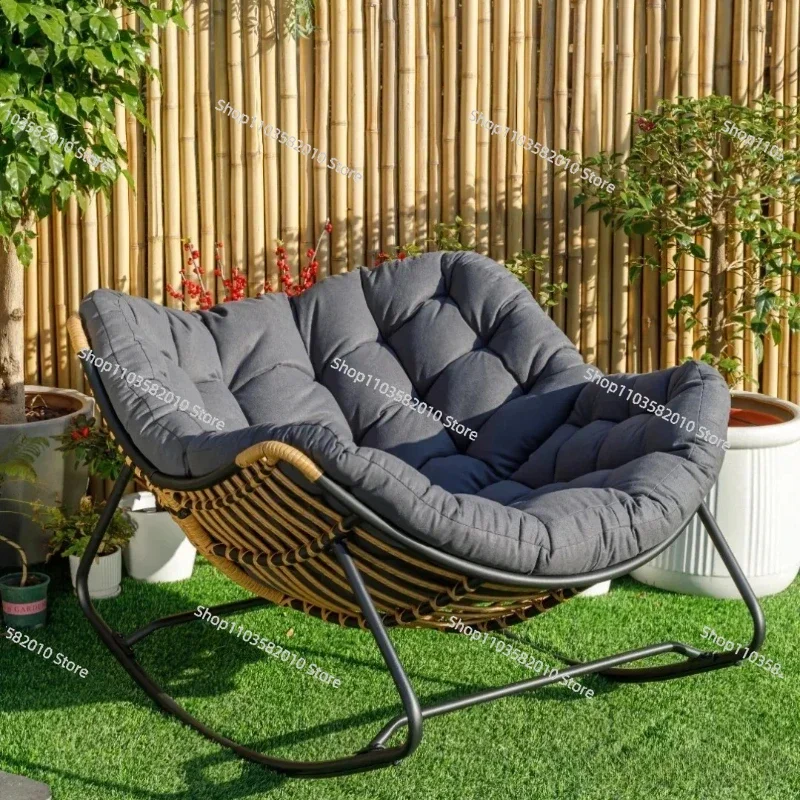 Outdoor Rattan Rocking Chair Double Seat Patio Lounge Chair with Thick Cushion, Wicker Swing Chair for Garden/Backyard