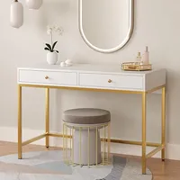 White-Vanity-Desk with 2 Drawers, White/Gold Home-Office-Desks Glossy Desktop Makeup-Vanity-Table Modern Writing Computer Standi