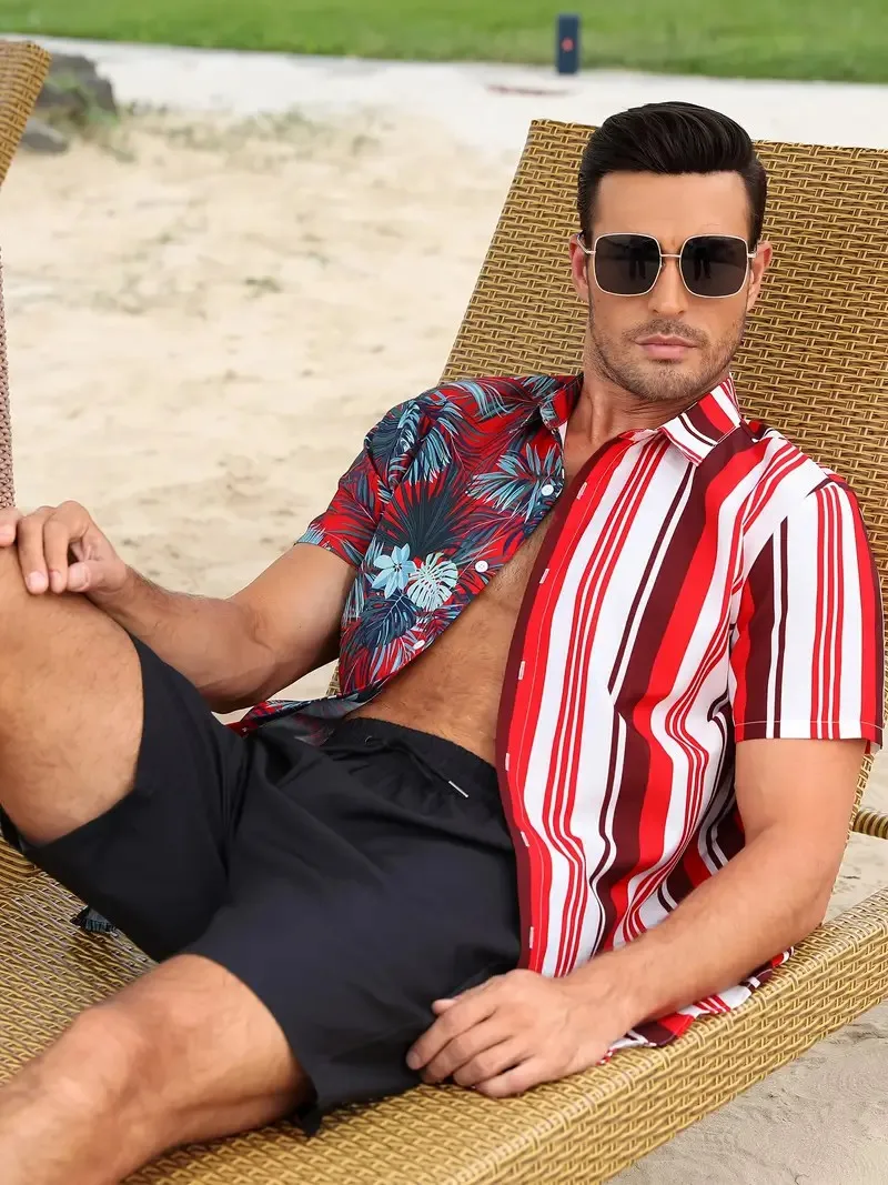 Hawaiian Style Men's Short-Sleeved Shirt and Shorts Set Seaside Casual Short-Sleeved Shirt Summer Outdoor Street Short Men's Set