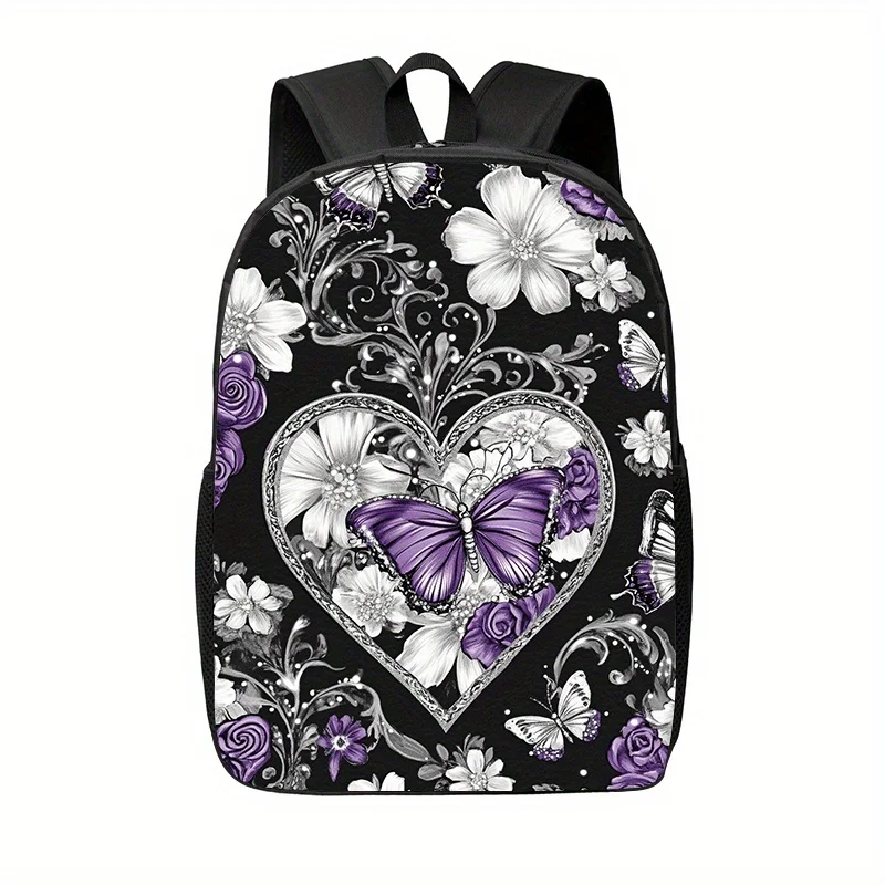

Purple Butterfly Floral Backpack - Stylish Black Design with Heart Butterfly Print, Lightweight & Foldable, Fits 17" Laptop