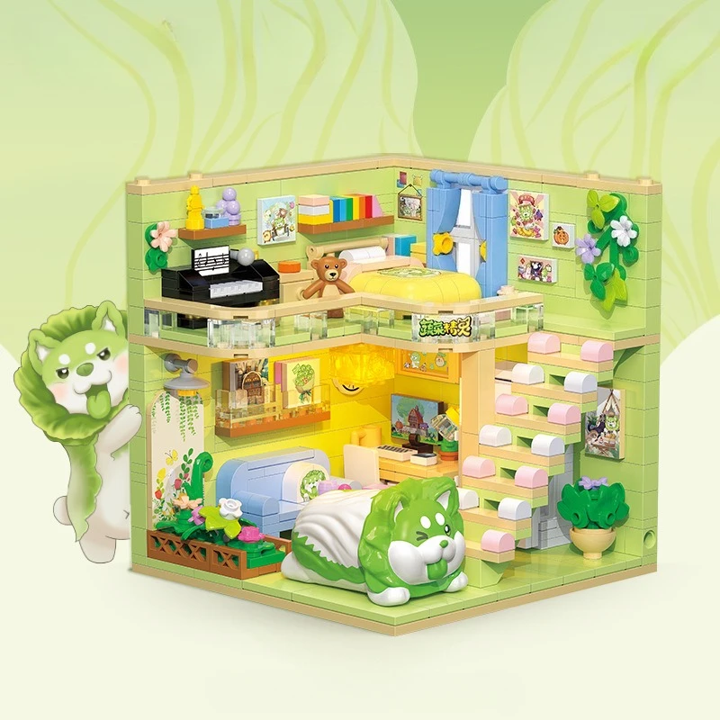 MOC-Juego de bloques de construcción de apartamento para perros y repollo, casa de animales bonita, vista de calle, cabaña, Idea, juguetes de decoración DIY para niños, regalos de cumpleaños