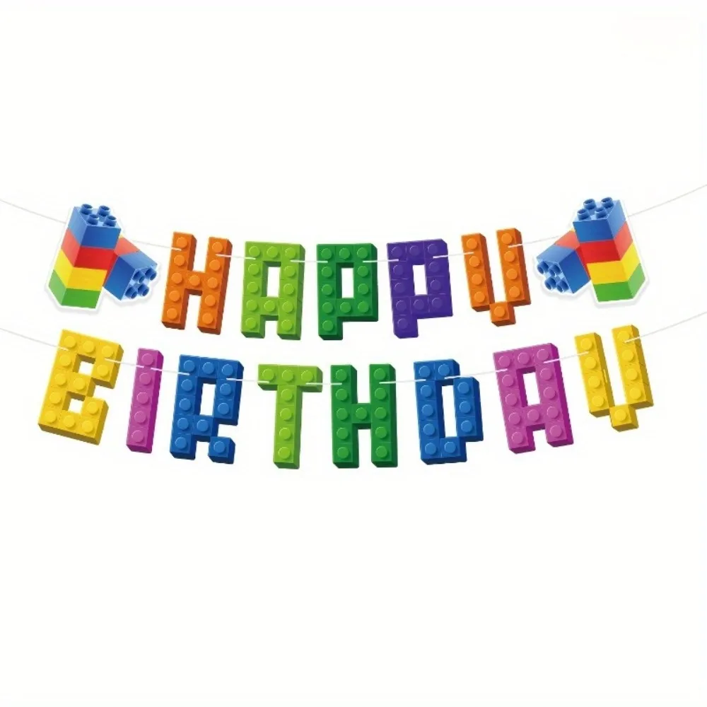Building Block Flags, Colorful Building Block Party Props, Decorative Banners, Birthday Party Supplies Set, Home Decoration, Party Atmosphere Creation Props view 3