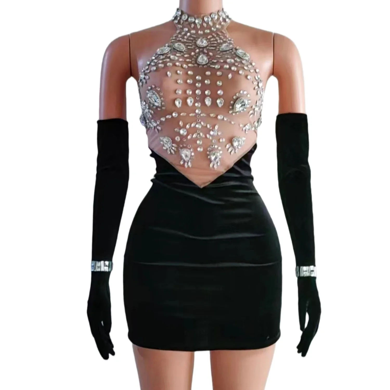 

Black Velvet Crystals Dresses with Gloves Sexy Rhinestones Dress Evening Dancer Outfit Set Birthday Celebrate Costume Zuanzuanhe