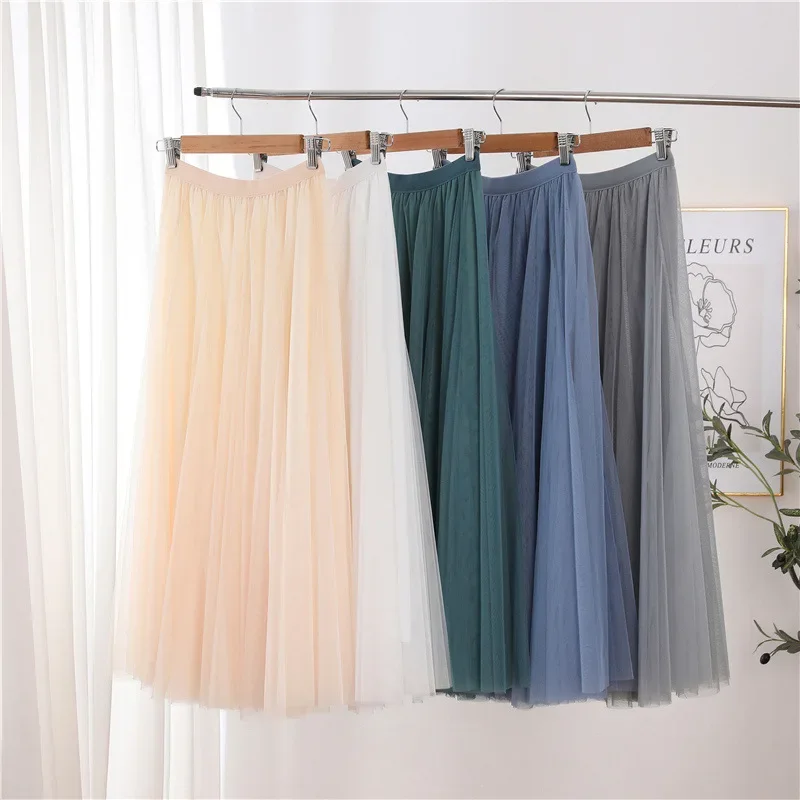 Hot Women Mesh Elastic Tutu Skirt Beach Spring Summer Korean High Waist Fashion Pleated Long Skirt Black White Tulle Skirts