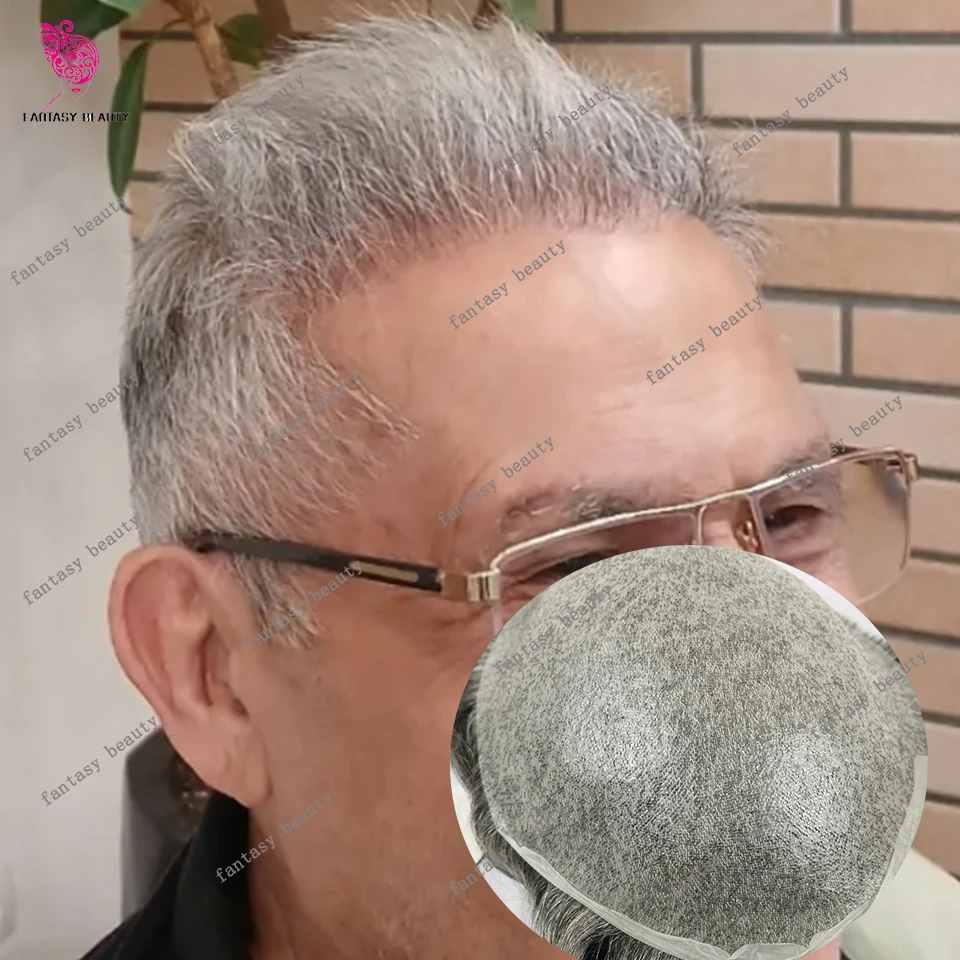 lightweight 80Density Old Man 1B80# 1b40 Grey Hair Real 0.02mm Super Ultra Thin Skin Base Human Hair Toupee Prosthesis Capillary