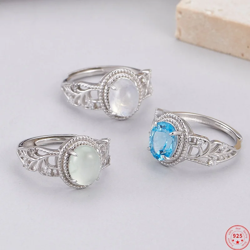 

S925 Sterling Silver Charms Rings for Women Hollow Pattern Inlaid Topaz Prehnite Moon-stone Zircon Fashion Jewelry Wholesale