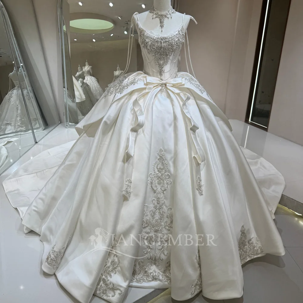 Velvety Wedding Dress Ivory Satin Ball Gown Customized Scoop Neck Beading 3D Flowers Chapel Train vestidos de novia boda