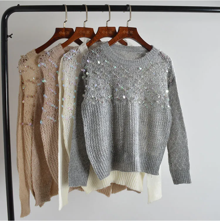 

Тонкий верблюжий свитер ручной работы, женский весенне-осенний ажурный круглый вязаный топ премиум-класса с блестками, легкий вес