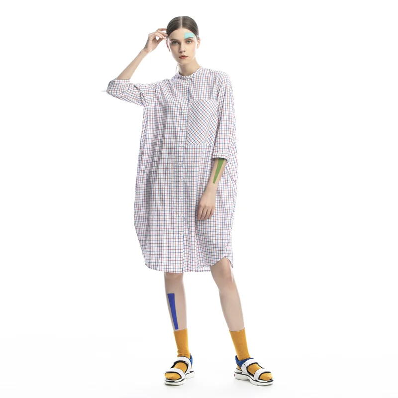 

Original Design Summer New Plaid Mid-Sve round Ne Dr Women Loose Artistic Midi Skirt Cotton Polyester Blend Dr