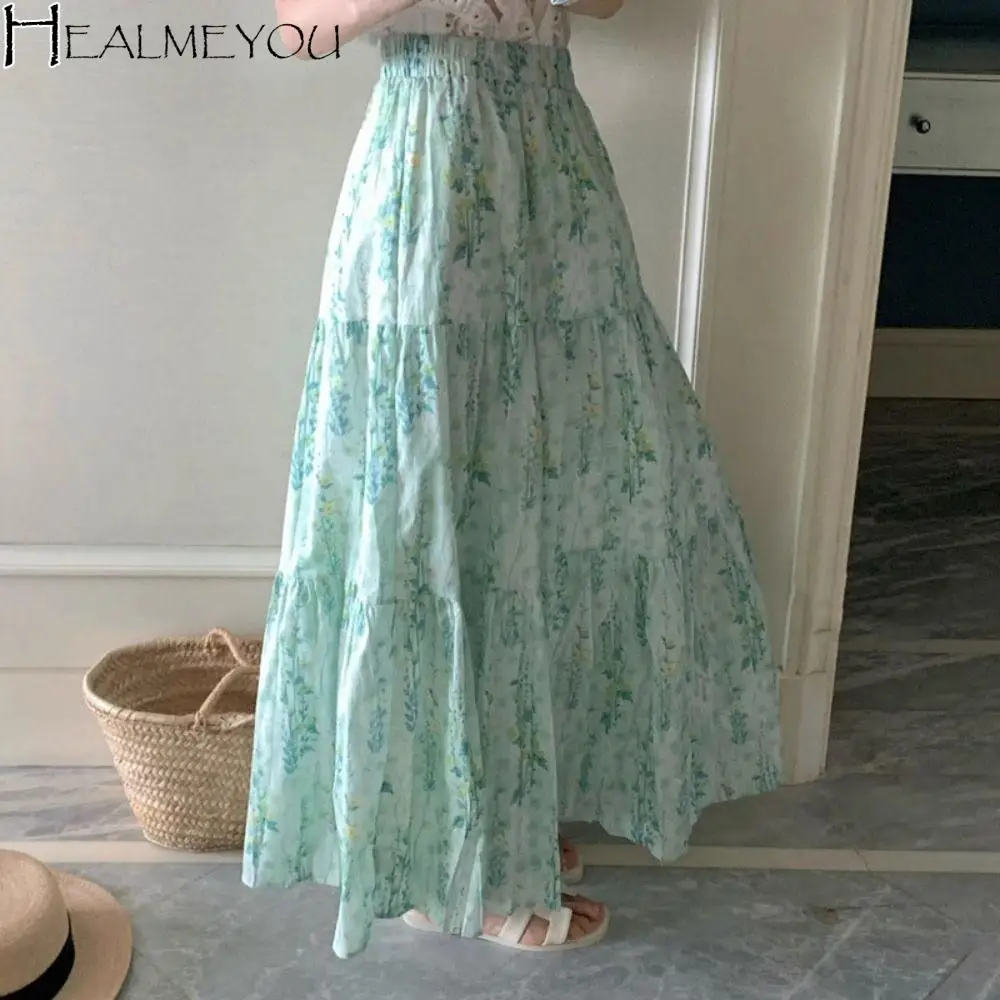 

Streetwear High Waist Floral Long Skirt Women Thin Patchwork High Waist Long Skirt Ins Style Flower A-line Tiered Skirt Summer