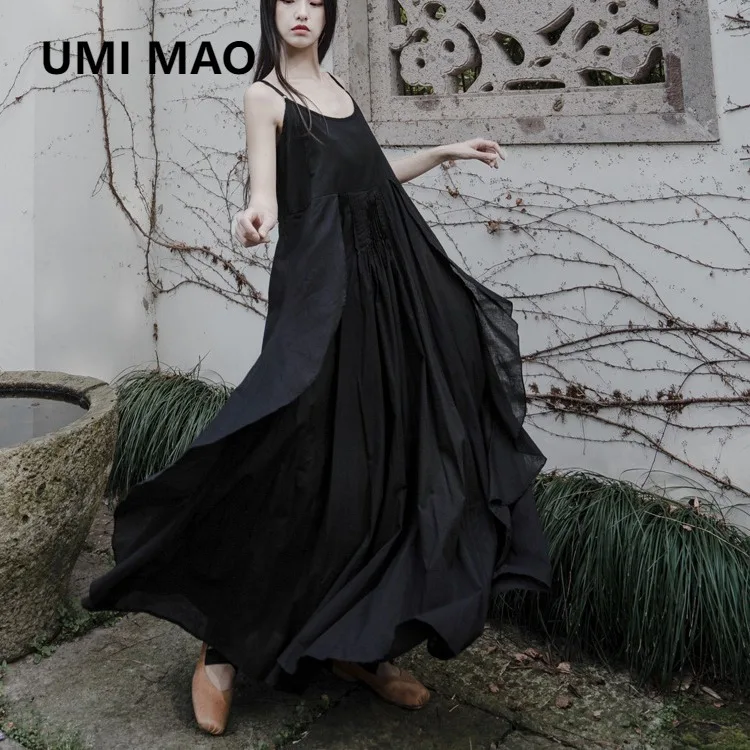 UMI MAO Yamamoto Dark Suspender Dress Elegant Black Fungus Lace Pleated Artistic Black And White Two-color Dresses Femme Y2K