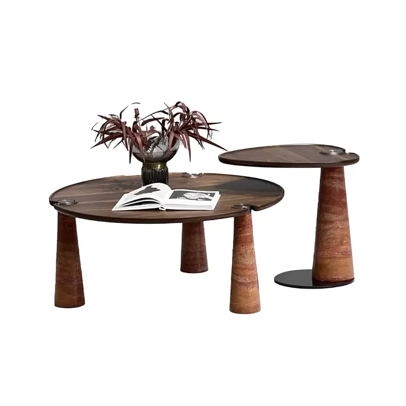 Modern Two Piece Coffee Table Set Walnut Top Marble Base With Decorative Side Table For Living Room Villa Hotel Furniture