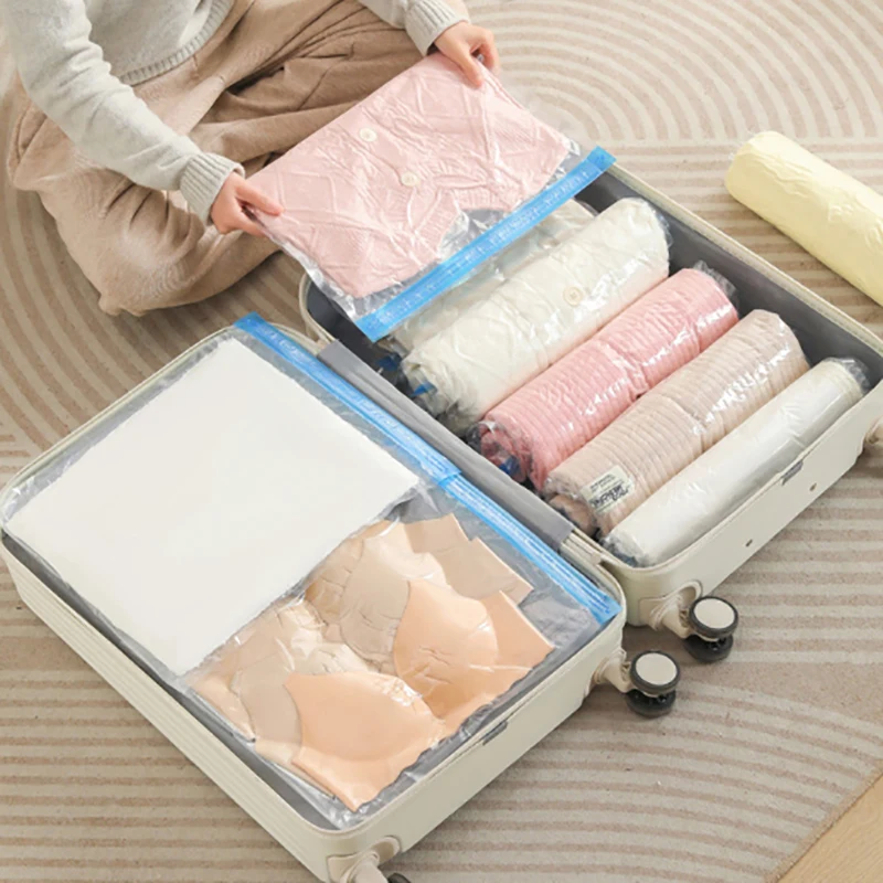 No Need Air Pump Travel Roll-Up Compression Bags Reusable Vacuum Storage Bag Saves 80% Of Storage Space Roll-Up Compression`~