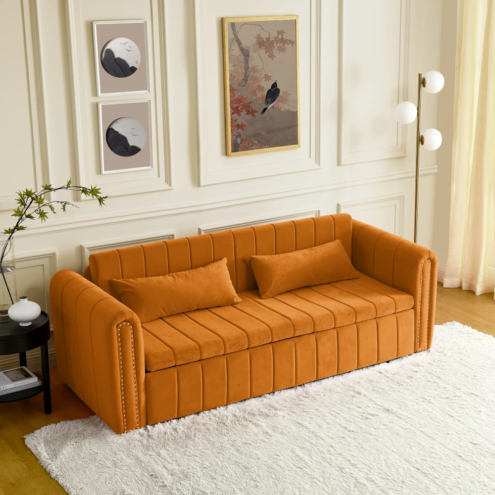 3 in 1 Pull-Out Bed Sleeper, Modern Upholstered 3 Seats Lounge Sofa & Couches with Rolled Arms Decorated with Copper Nails , Con