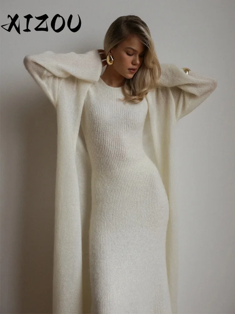 

XIZOU женский осенний вязаный кардиган без рукавов, комплект сплошного цвета, модное элегантное модное платье макси длины, комплект из 2 предметов
