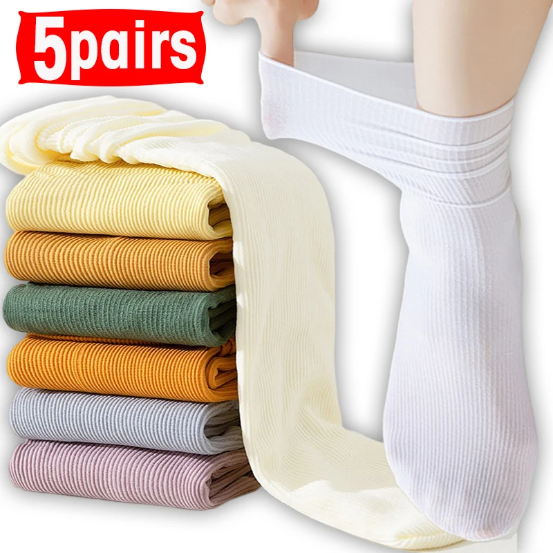 

5Pairs Loose Socks High School Girls Harajuku Long Cute Socks Women Solid Colors Needles Knitting Striped Cotton Women's Sock