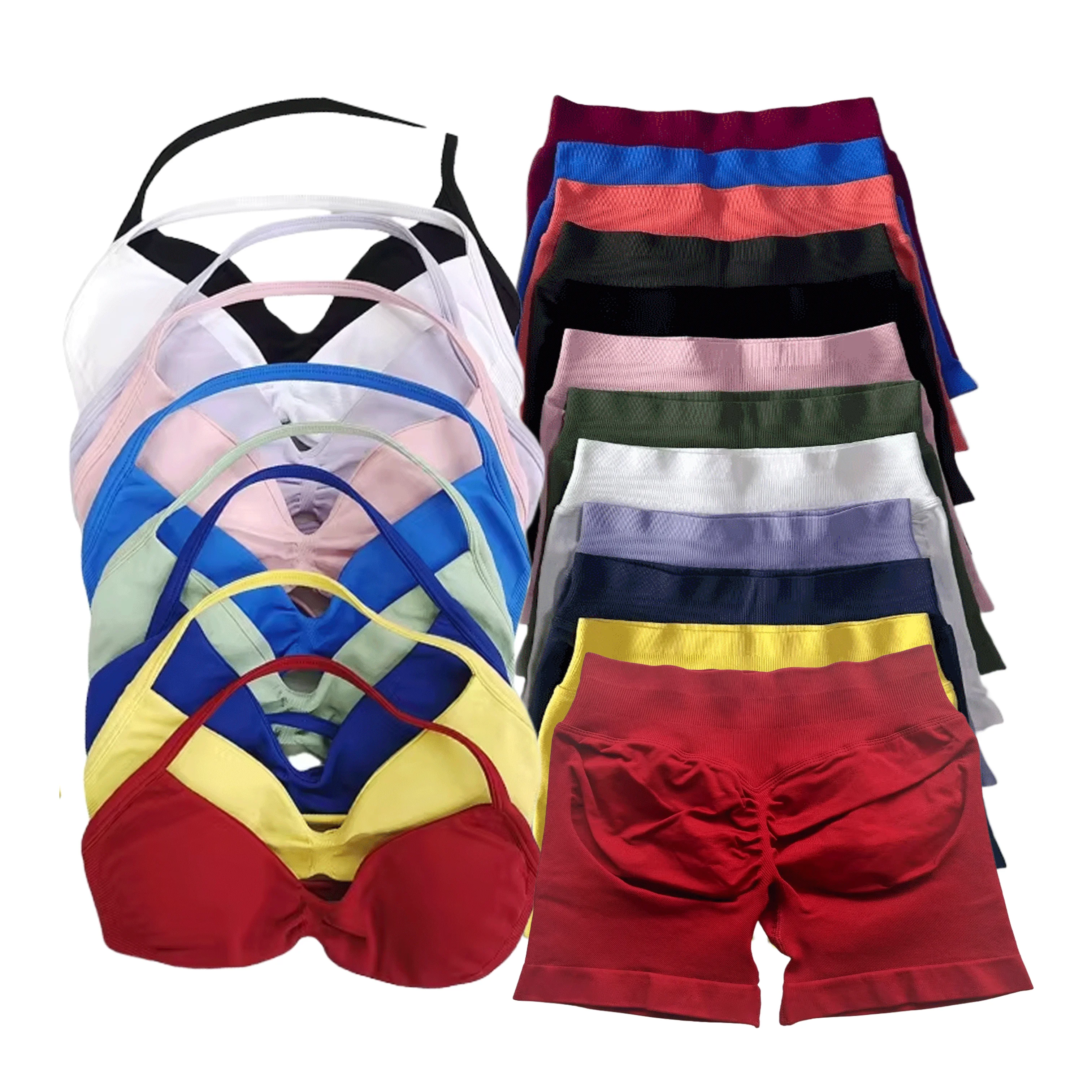 WHENG 2PCS Yoga Fitness Suit Women's Seamless Lace-Up Yoga Bra Top High Waist Workout Scratch Shorts Sports Suit Fitness Suit