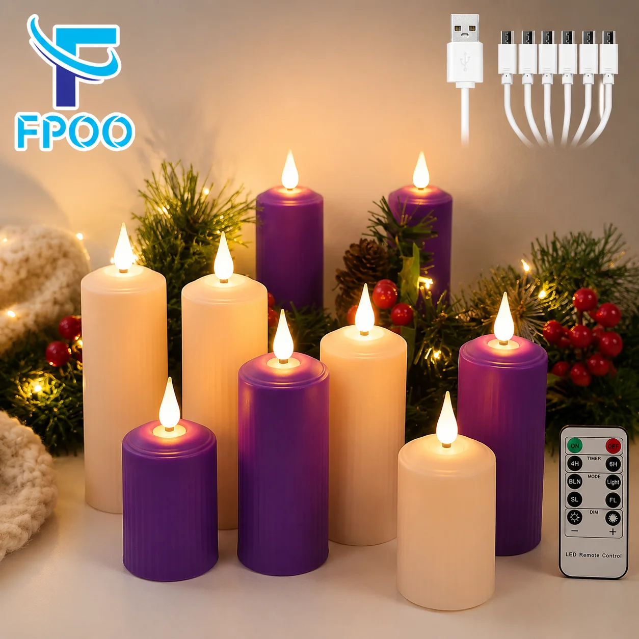 FPOO – wiederaufladbare LED-Kerzen über USB, flackernde Flamme, wasserdicht, Hochzeitskerzen, weihnachtlich dekorativ, lila, Teelicht-Timer