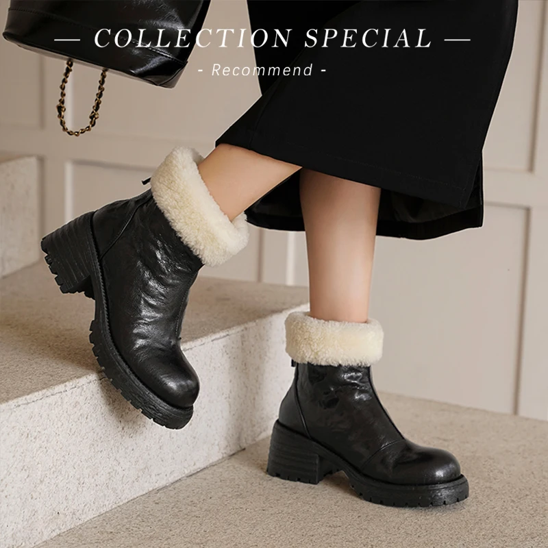 

Women's Waterproof Genuine Shearling-Lined Leather Winter Ankle Boots, Platform Lug Sole Back Zip Closure Round Toe Chunky Heel