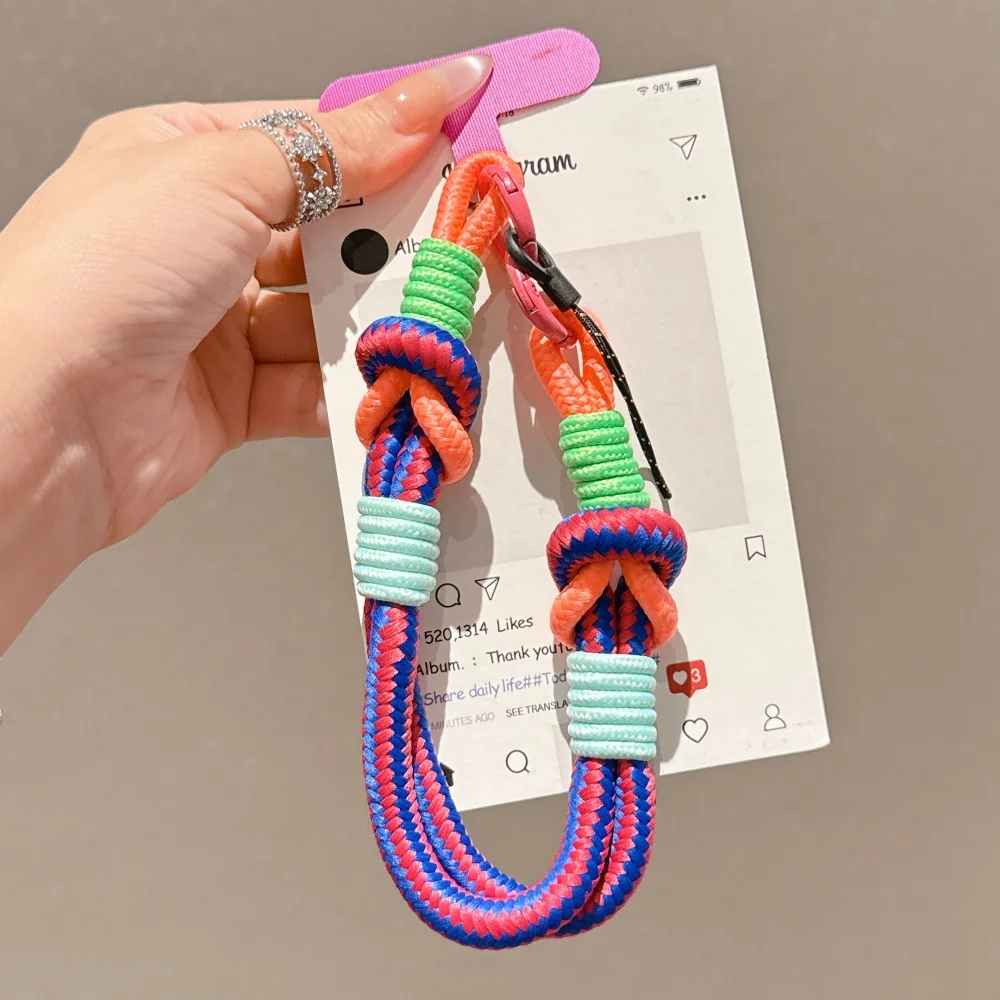 [Longsheng] Cordão para celular removível trançado corda de mão anel de pulso curto dupla finalidade portátil feminino dopamina contrastante
