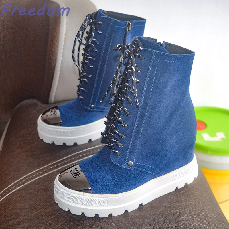 Inner heightening round toe frosted strap denim sneakers large size new iron toe blue boots 10 heel high school boots for women